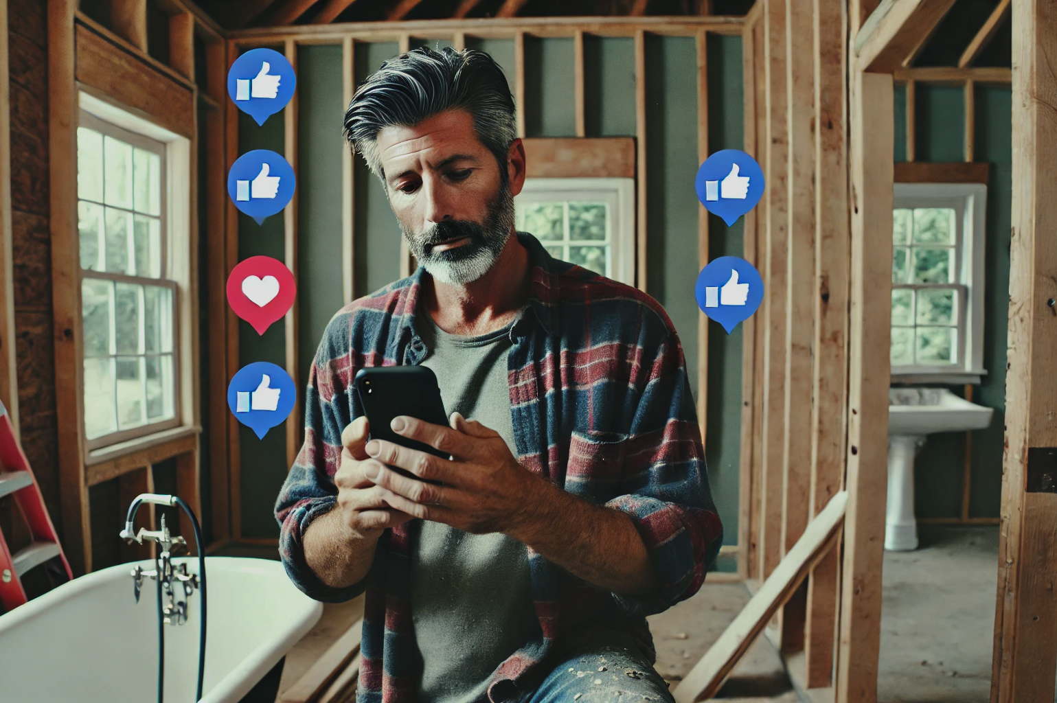 DALL·E 2024-08-16 11.58.40 - A middle-aged construction worker in his 40s, with a black but graying beard and shorter hair, is standing on a job site, looking at his phone. He is 3