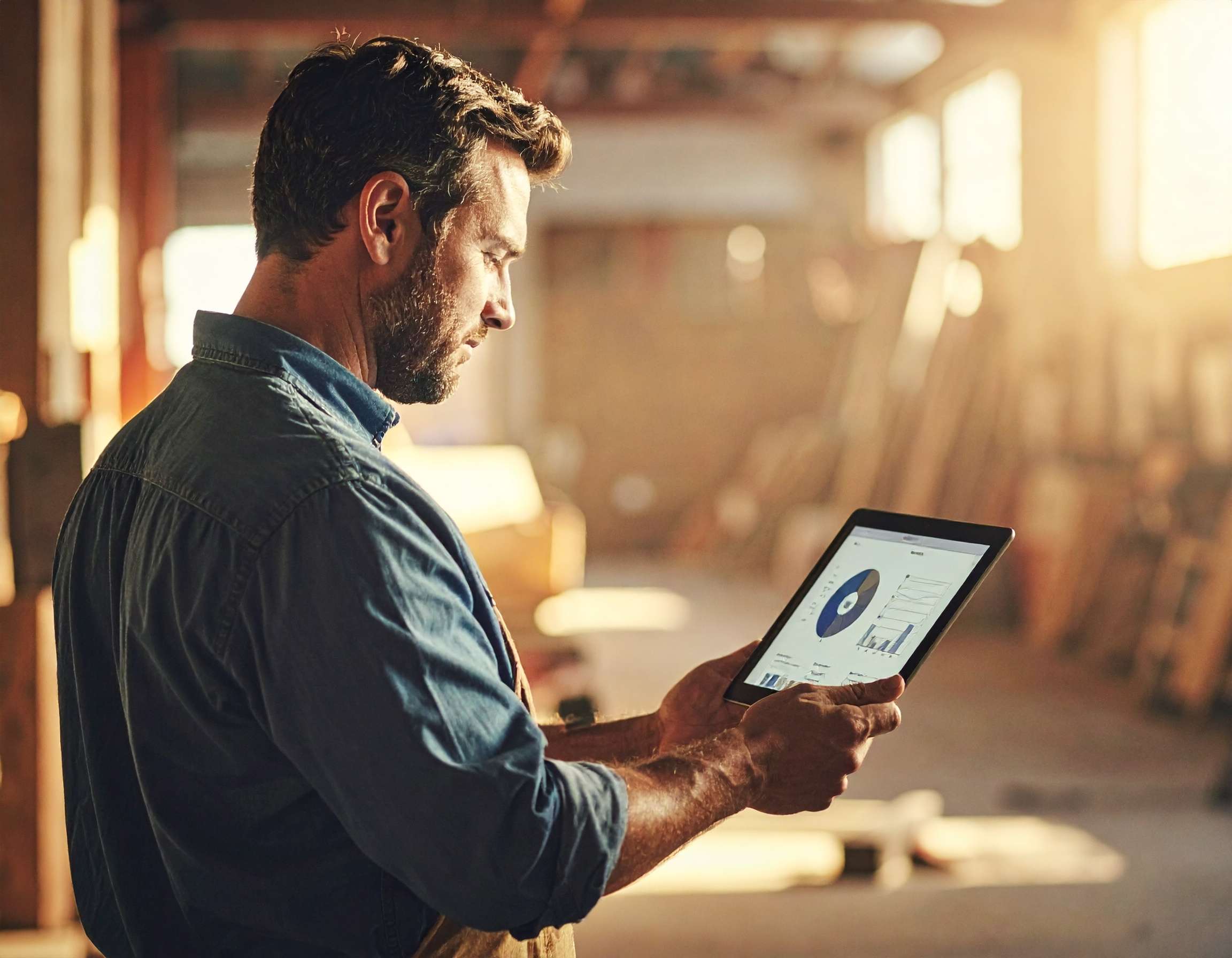 Firefly_A realistic image of a male contractor or small business owner reviewing a tablet sho 636212 Lawn Mowed
